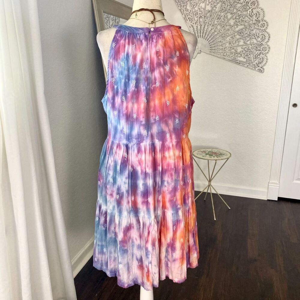 Early 2000's Floral 100% Cotton Orange Pink Purple Tie Die Babydoll Dress L - Picture 4 of 7